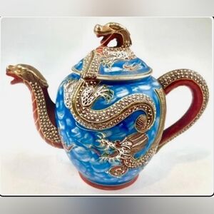 Vintage Kutani Moriage Dragon Ware Teapot Hand Painted Blue Orange